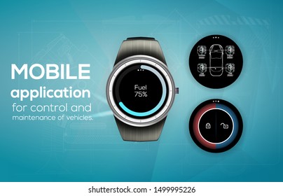 Different UI, UX, GUI screens cars app for watch, responsive website including. Web design and mobile template. Cars Diagnostic Dashboard and open, close cars.