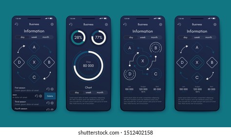 Diferentes interfaces de usuario, UX, pantallas GUI e iconos web planos para aplicaciones móviles, sitios web receptivos que incluyen inicio de sesión, creación de cuenta, perfil, entrada, buzón de entrada, contacto, amigos, chat, música, configuración y pantallas de calendario.