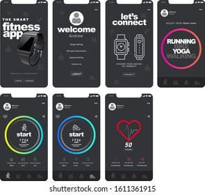 Different UI, UX, GUI screens fitness app and flat web icons for mobile apps, responsive website including. Web design and mobile template. Fitness Dashboard - stock vector