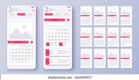 Different UI, UX, GUI screens calendar app and flat web icons for mobile apps. 2020 Calendar, print template with place for photo. Planner for 2020 Year. Vector illustration