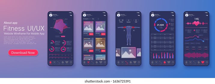 Different UI, UX, GUI screens fitness app and flat web icons for mobile apps, responsive website including. Web design and mobile template. Fitness interface design for mobile application. Vector