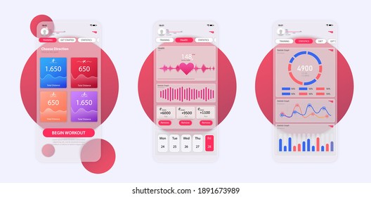 Different UI, UX, GUI screens fitness app, flat web icons for apps. Fitness app GLASSMORPHISM style, heart rate monitor, online analytics. Sport template set. GUI for responsive mobile application.