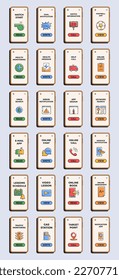 Diferentes pantallas de interfaz de usuario, UX, GUI. Diferentes aplicaciones e iconos web planos para aplicaciones móviles, sitios web receptivos incluyendo. Diseño web y plantilla móvil. Interfaz de aplicación. Ilustración del vector