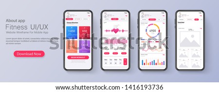 Different UI, UX, GUI screens fitness app and flat web icons for mobile apps, responsive website including. Web design and mobile template. Fitness interface design for mobile application. Vector