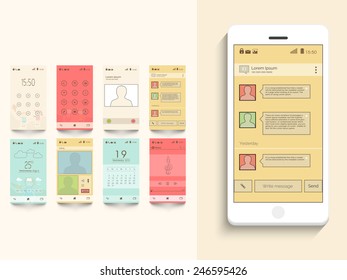 Different UI, UX and GUI template kit including Lock, Calling, Messaging, Weather, Calendar and Music Player Screen for Mobile Apps and Responsive Website.