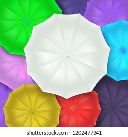Different umbrellas top view. Concept of art background. Vector 3d illustration EPS 10 file