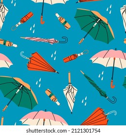 Different umbrellas in various positions. Open and folded umbrellas. Hand drawn colored Vector illustration. Cartoon style. Square seamless Pattern. Background, wallpaper