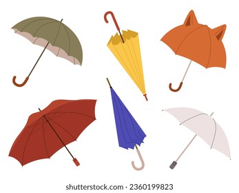 Different Umbrellas in various positions. Open and folded umbrellas. Vector illustration in flat style