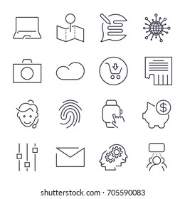 Different universal icons. Thin line and perfect vector for sites, apps, programs: piggy, social, mail, fingerprint, camera, cloud, map  and other. Editable stroke.