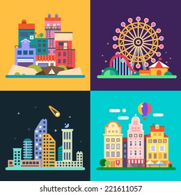 Different urban landscapes: colored houses by the sea, amusement park, night skyscrapers, historic city center. Vector flat illustrations