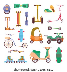 Different urban park activity sport wheel devices, vehicles and park transport vector illustration set. Baby manual car, Solo Unicycle, Gyro pod skate, Scooter, Skate board, Ripstik, roller Skates.