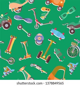 Different urban park activity sport wheel devices, vehicles and park transport vector  pattern. Baby manual car, Solo Unicycle, Gyro pod, Scooter, Skate board, roller Skates. Park summer pattern