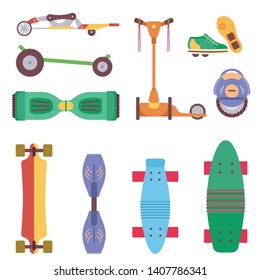 Different urban park activity sport wheel devices, vehicles and park transport vector illustration set. Baby manual car, Solo Unicycle, Gyro pod skate, Scooter, Skate board, Ripstik, roller Skates.
