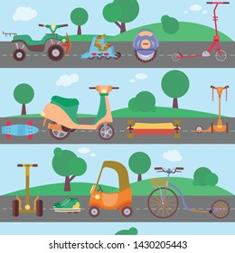 Different urban park activity sport wheel devices, vehicles and park transport vector  pattern. Baby manual car, Solo Unicycle, Gyro pod, Scooter, Skate board, roller Skates. Park summer pattern