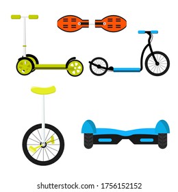 Different urban parks activity sport wheel devices, vehicles and transport vector illustration set. Solo Unicycle, skate, Scooter, Skate board, Ripstik, roller Skates, Baby manual car