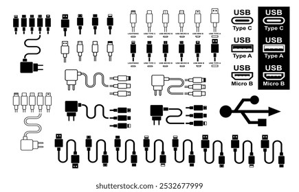 cabo usb diferente e carregador de porta usb ícones grande coleção. usb c, b, micro usb, etc ícones para mockup, embalagem, produto etc cabo e porta ícone grande coleção para telefone, laptop e computador.