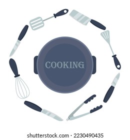 Different utensils around cooking badge vector illustration. Kitchen tools in circle around blue plate with word cooking, whisk, knife, spatula on white background. Cooking, kitchenware concept