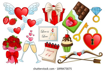 Different valentines day elements. Cartoon love and passion icons, vector stickers for Valentine's Day items design