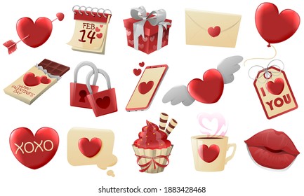 Different valentines day elements. Valentine design elements with candy, rose, cup, key, lock, gift, hearts, lips and calendar. Holiday concept. Sweets and love. Vector illustration