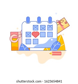 Different Valentines Day symbols. Happy Valentines Day. Love colorful symbol. Line art design, Vector flat illustration. 14 february