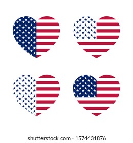 Different variants of a colored heart on a white background in the shape of the USA flag. Set of symbolic hearts from stars and stripes.