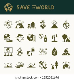 Different variants of environmental icons on the theme of ecology in flat style isolated on background. Save the World flat style icon set with lettering.