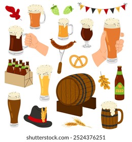 Different variations beer drink. Set illustrations for beer festival, background, flyer, invitations. Oktoberfest. Snacks for beer. Glass beer. Flat illustration on white background.