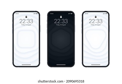 Different Variations Black And White 3D Layered Smooth Geometric Wallpaper Set On Photo Realistic Smart Phone Screen Isolated On White Background. Vertical Abstract Blurred Screensavers For Smartphone - Shutterstock ID 2090695318