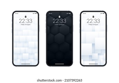 Different Variations Black And White 3D Geometric Wallpaper Set On Photo Realistic Smart Phone Screen Isolated On White Background. Abstract 3D Rendered Textures Vertical Screensavers For Smartphone - Shutterstock ID 2107392263