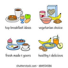 Different variations of breakfast isolated on white background. Vector hand drawn illustration.