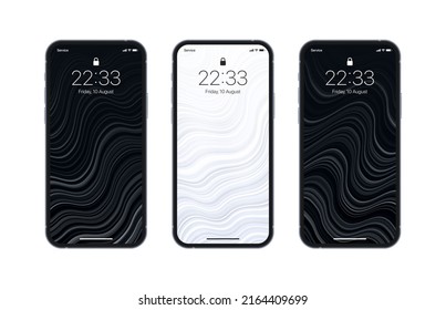 Different Variations Of Distorted Stripes Glitch Art Black White Wallpapers Set On Photorealistic Smart Phone Screen Isolated On White. Vertical Abstract Screensaver Collection For Portable Smartphone