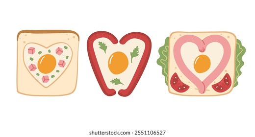 Different variations fried egg in heart shape. Delicious toast with egg. Breakfast, food cooked with love. Hand drawing illustration isolated