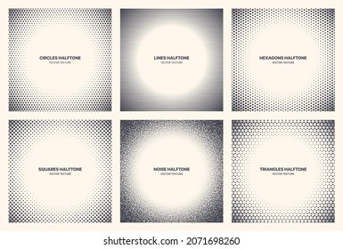 Different Variations Halftone Circle Frame Set Vector Abstract Geometric Patterns Isolated On White Background  Various Half Tone Texture Collection Circles Lines Noise Squares Hexagons Triangles