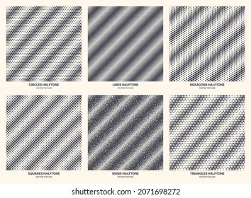 Different Variations Halftone Incline Stripe Patterns Set Vector Geometric Texture Isolated On White Background. Modern Various Half Tone Textures Collection Circle Line Noise Square Hexagon Triangle