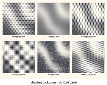 Different Variations Halftone Pattern Set Vector Abstract Geometric Warped Background Isolated On White. Various Half Tone Patterns Texture Collection Circles Lines Noise Squares Hexagons Triangles