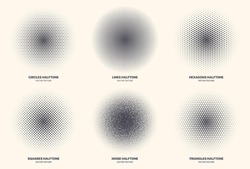 Different Variations Halftone Texture Set Vector Abstract Geometric Circular Pattern Isolated On Background. Various Half Tone Radial Textures Collection Circles Lines Noise Squares Hexagons Triangles