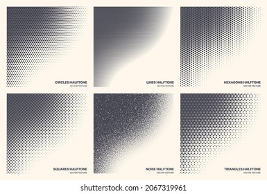 Diferentes Variaciones De Medio Tono Textura Set Vector Resumen Borde Curvo Geométrico Aislado En Fondo. Varios Patrones de semitono Colección Círculos Líneas Cuadrados de Ruido Hexagons Triángulos