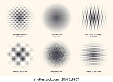 Different Variations Halftone Texture Set Vector Abstract Geometric Circular Pattern Isolated On Background. Various Half Tone Radial Textures Collection Circles Lines Noise Squares Hexagons Triangles