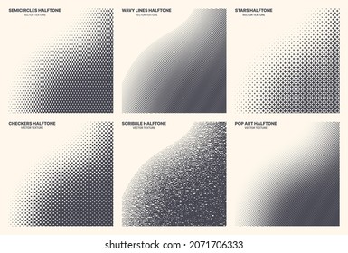 Different Variations Halftone Texture Set Vector Geometric Pattern Curved Border Isolated On White Background. Various Halftone Gradient Collection Semi Circle Wavy Line Star Checkers Scribble Pop Art