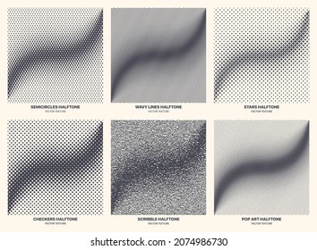 Different Variations Halftone Texture Set Vector Geometric Pattern Curved Line Isolated On White Background. Various Half Tone Gradient Collection Semi Circle Wavy Line Star Checkers Scribble Pop Art