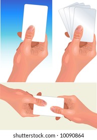 Different variations of hand with card, demonstration of focuses, illustration