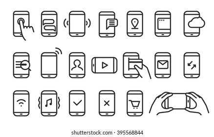 Different variations of holding a modern smartphone. Lineart pictograms collection