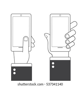 Different variations of holding a modern smartphone. Lineart pictograms collection