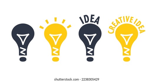Diferentes variaciones de una bombilla en forma de signo de exclamación, el concepto de idea creativa.