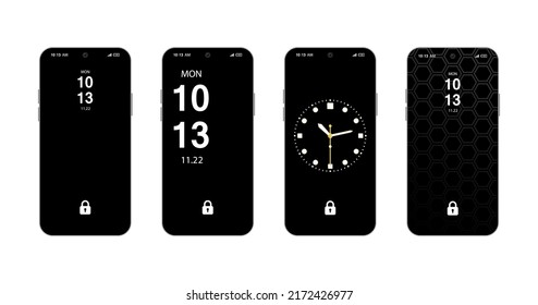 Different Variations Lock screens Black And White clock designs smarthphone screen set