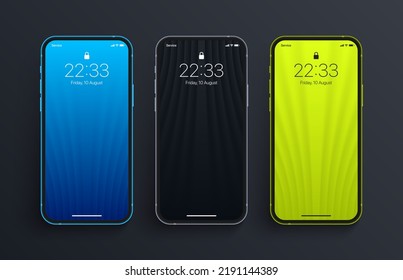 Different Variations Minimalist Blue Black Bright Green 3D Smooth Blur Geometric Bend Lines Wallpaper Set On Photo Realistic Mobile Phone Screen. Vertical Abstract Screensavers For Cellphone