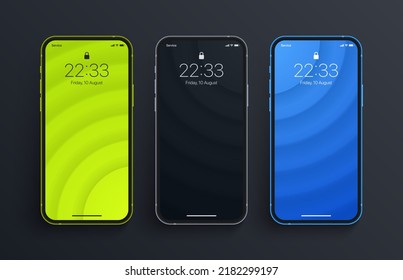 Different Variations Minimalist Bright Green Black Blue 3D Smooth Blurred Lines Wallpaper Set On Isolated Photo Realistic Smart Phone Screen. Various Vertical Abstract Screensavers For Smartphone