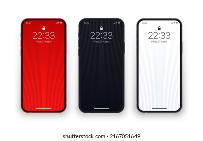 Different Variations Minimalist Red Black White 3D Smooth Blur Geometric Lines Wallpaper Set On Photo Realistic Smart Phone Screen Isolated On White Back. Vertical Abstract Screensavers For Smartphone svg