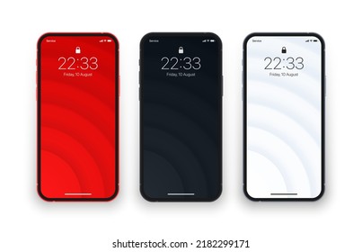 Unterschiedliche Variationen Minimalistisches Schwarzes Licht Grau 3D glatte unscharfe Linien Tapete Set auf Foto-Realistische Handy-Bildschirm einzeln auf Weiß. Verschiedene abstrakte Bildschirmschoner für Smartphones