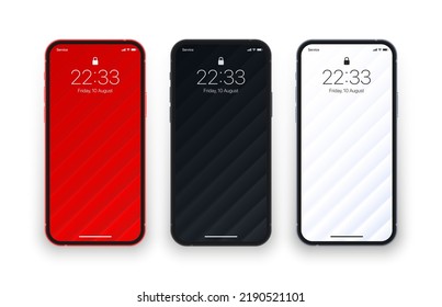 Different Variations Minimalist Red Black White 3D Smooth Blur Tilted Lines Wallpaper Set On Isolated Photo Realistic Mobile Phone Screen. Various Abstract Geometrical Screensavers For Smartphone